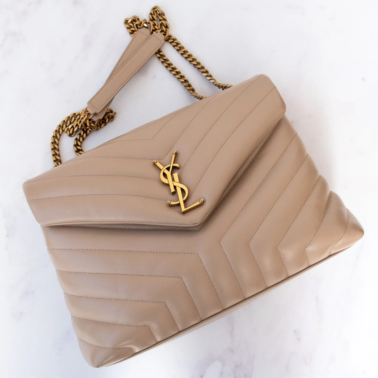 Saint Laurent  Loulou Medium Quilted Beige Leather Shoulder Bag