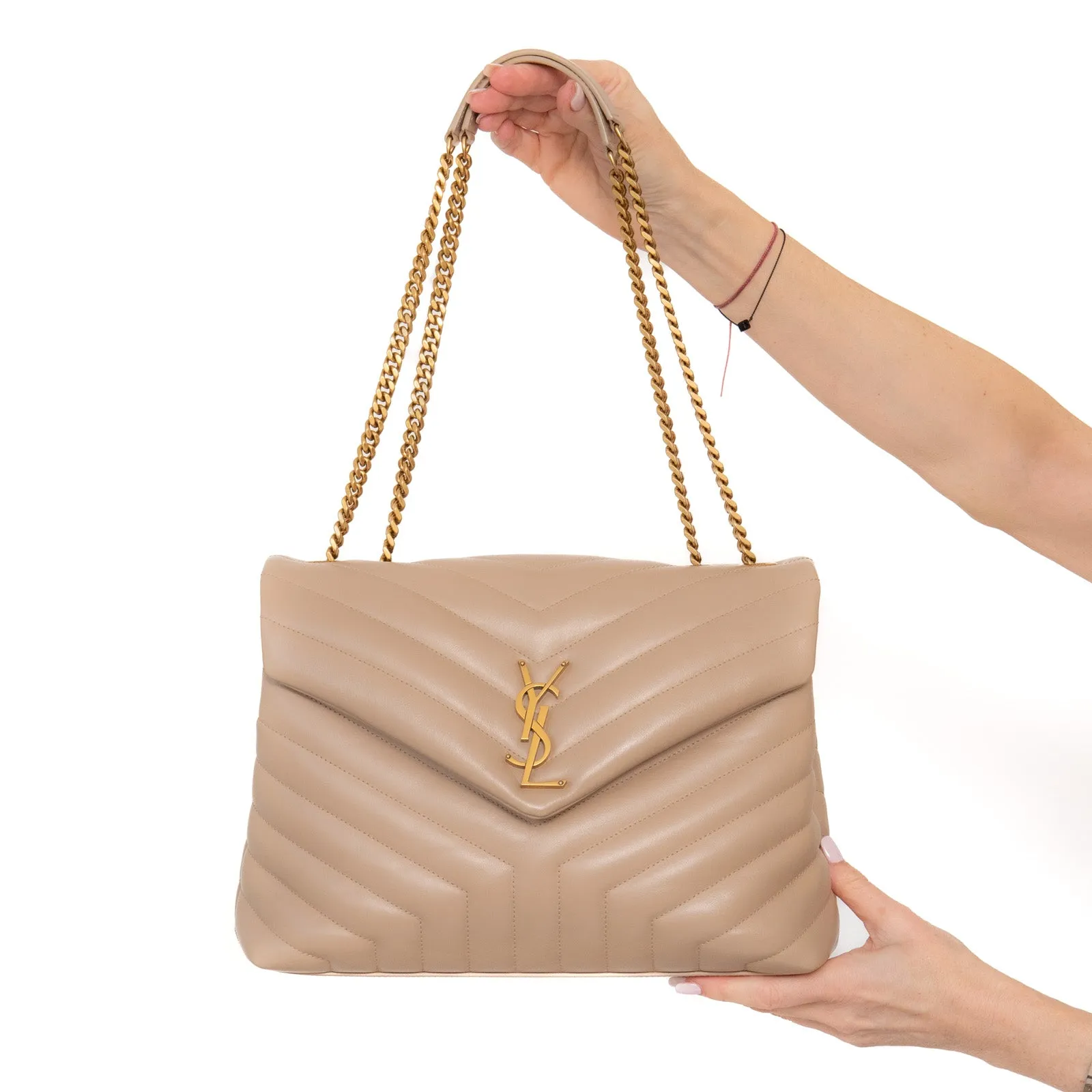 Saint Laurent  Loulou Medium Quilted Beige Leather Shoulder Bag