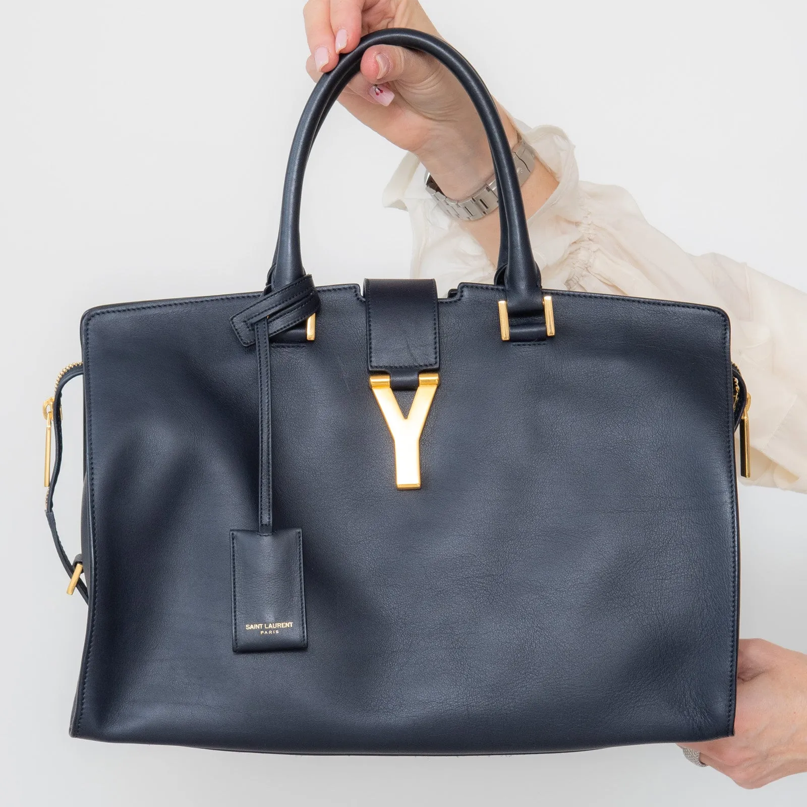 Saint Laurent Navy Chyc Leather Tote Bag handbags sale 80% off