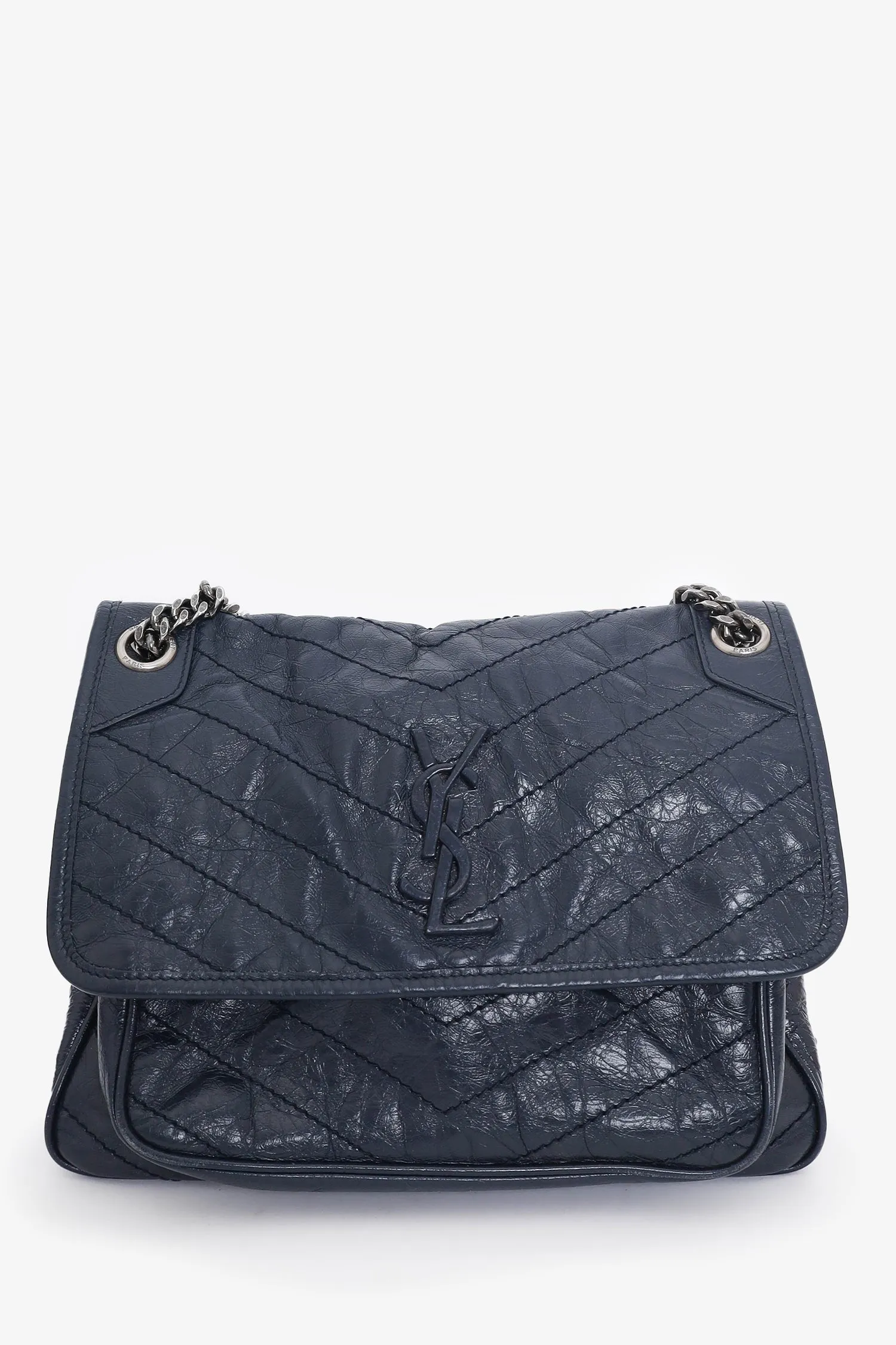 Saint Laurent Navy Crinkled Leather 'Niki' Medium Crossbody Bag