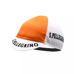 San Pellegrino Orange Cycling Cap boater hat with bow in beach sunlight