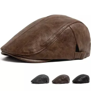 Scott Leather Flat Cap boater hat with bow in beach sunlight