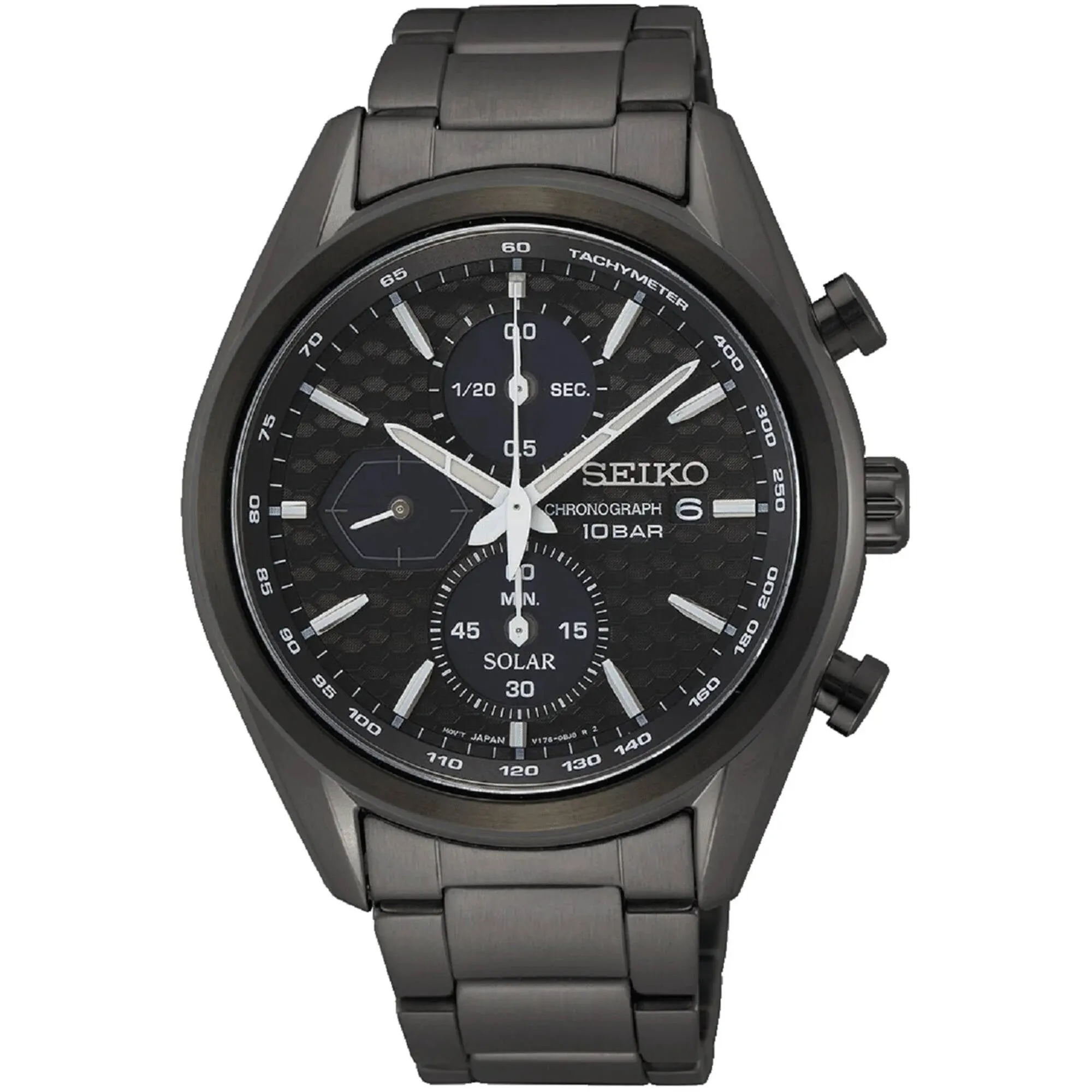Seiko Men's Watch - Solar Quartz Black Dial Plated Stainless Steel Bracelet | SSC773 