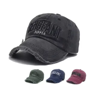 Sergeant Pepper Washed Cotton Baseball Cap boater hat with bow in beach sunlight