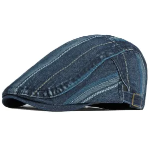 Shandley Painter Denim Flat Cap boater hat with bow in beach sunlight