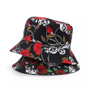 Skulls & Roses Reversible Black Bucket Hat boater hat with bow in beach sunlight