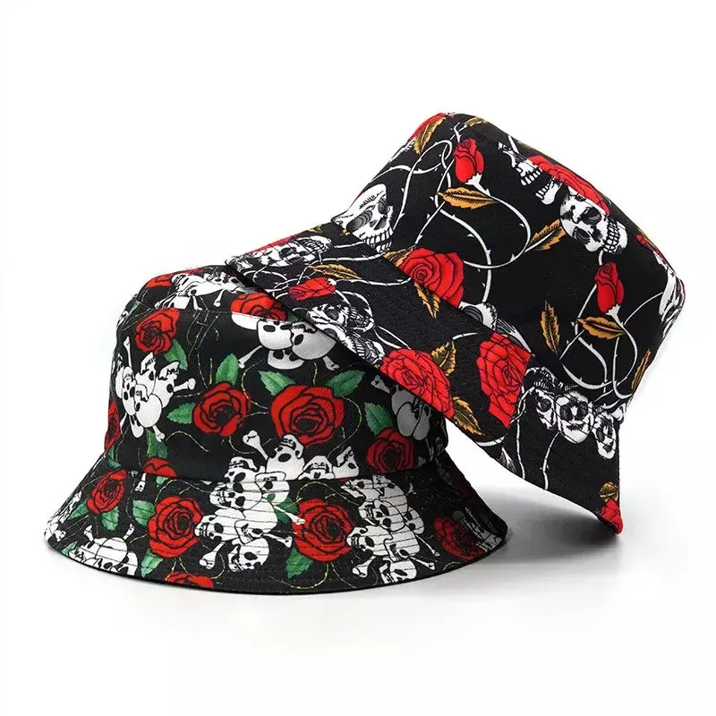 Skulls & Roses Reversible Black Bucket Hat