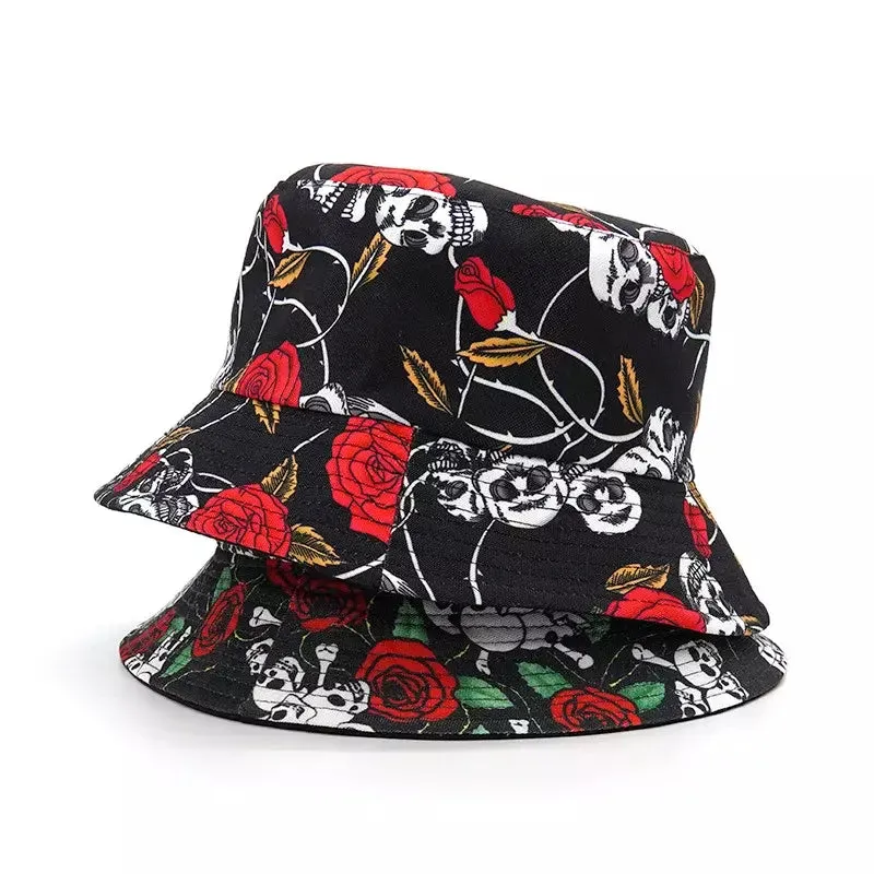 Skulls & Roses Reversible Black Bucket Hat boater hat with bow in beach sunlight