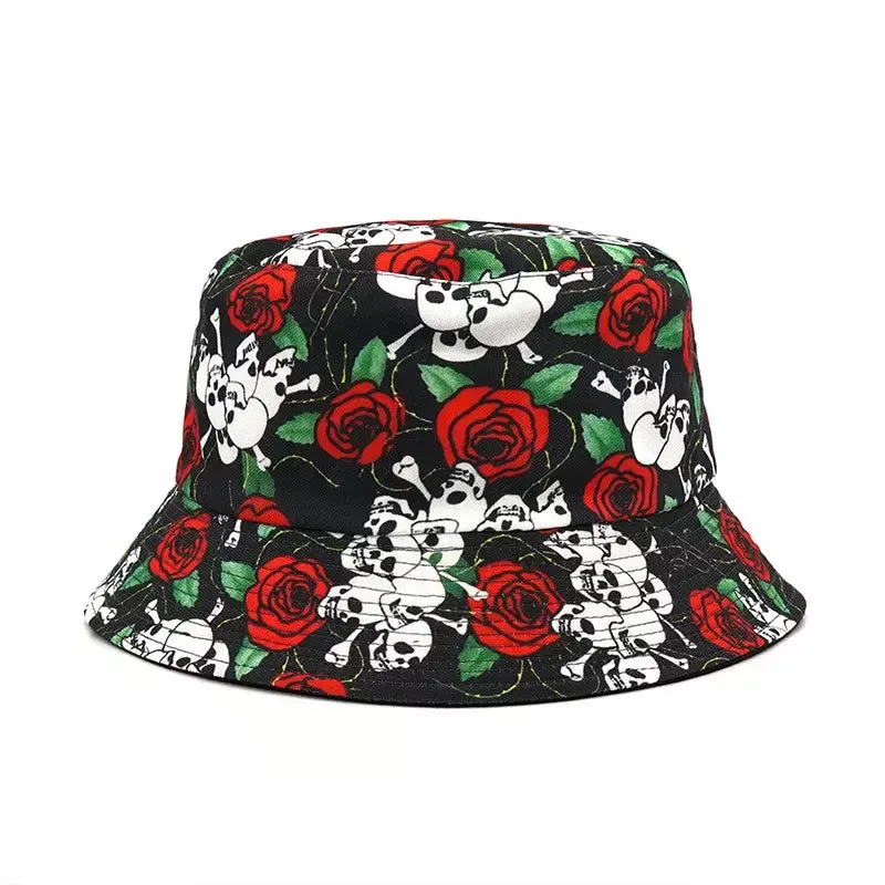 Skulls & Roses Reversible Black Bucket Hat