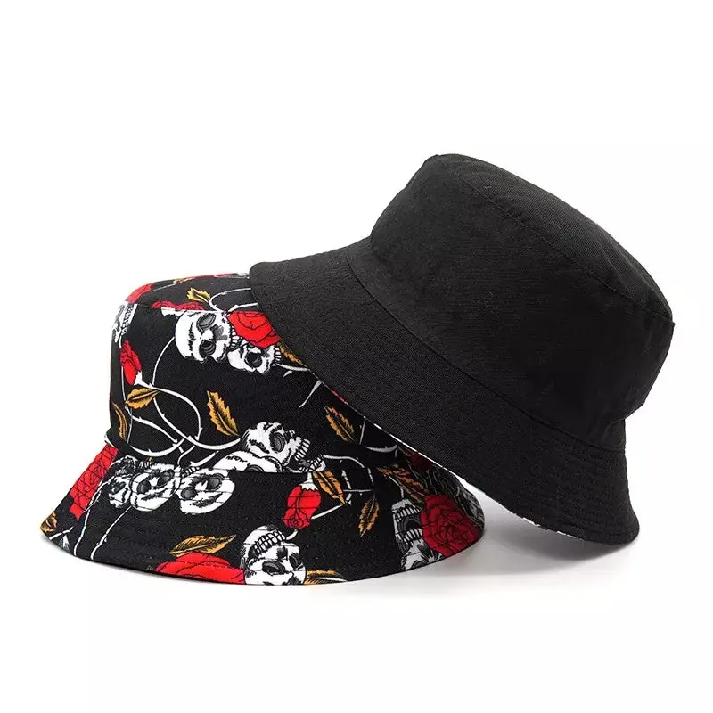 Skulls & Roses Reversible Black Bucket Hat