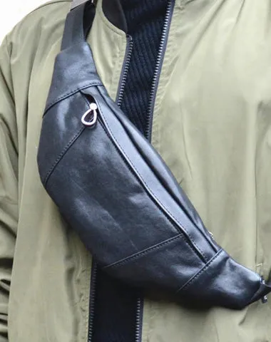 Slim Leather Black Fanny Pack Men's Black Chest Bag Hip Bag Small Waist Bags For Men Black