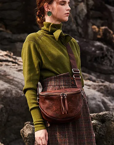 Small Coffee Leather Womens Saddle Shoulder Bag Small Fanny Pack Handmade Crossbody Purse for Ladies Brown