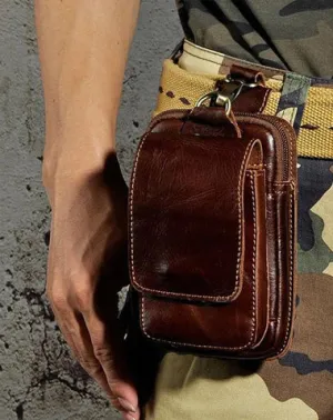 Small Mens Leather Belt Pouch Holster Belt Case Cell Phone Waist Pouch for Men Vintage Brown