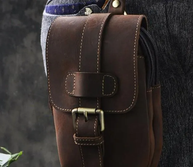 Small Mens Leather Belt Pouch Holsters Belt Case Cell Phone Waist Pouch for Men