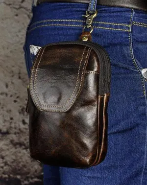 Small Mens Leather Belt Pouch Holsters Belt Cases Cell Phone Waist Pouch for Men Vintage Brown