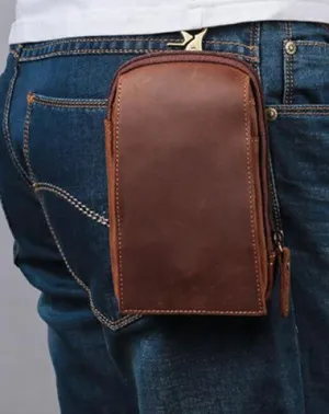 Small Mens Leather CELL PHONE HOLSTER Belt Bag Belt Pouch Waist Bag For Men Brown