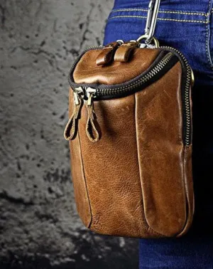 Small Mens Leather Side Bag Belt Pouch Holster Belt Case Waist Pouch for Men Vintage Brown
