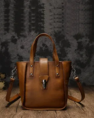 Small Vintage Brown Womens Leather Bucket Handbag Red Leather Bucket Shoulder Purse for Ladies cheap online