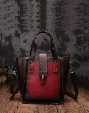Small Vintage Red Womens Leather Bucket Handbag Brown Leather Bucket Shoulder Purse for Ladies cheap online