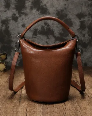 Small Womens Brown Leather Bucket Handbag Vintage Shoulder Barrel Purses for Ladies cheap online