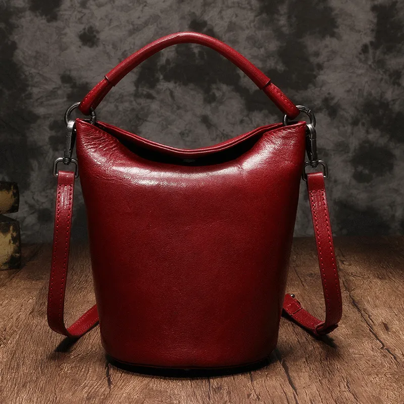 Small Womens Brown Leather Bucket Handbag Vintage Shoulder Barrel Purses for Ladies