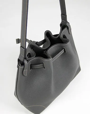 Small Womens Dark Gray Leather Shoulder Bucket Purse Gray Leather Barrel Shoulder Bag Purse for Ladies cheap online
