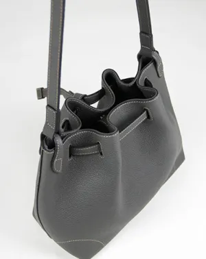 Small Womens Dark Gray Leather Shoulder Bucket Purse Gray Leather Barrel Shoulder Bag Purse for Ladies cheap online