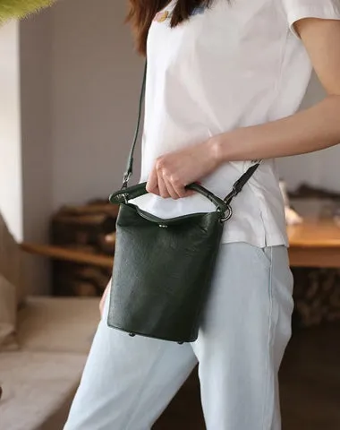 Small Womens Green Leather Bucket Handbag Vintage Brown Barrel Shoulder Bag Purses for Ladies cheap online