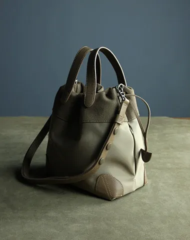 Small Womens Khaki Nylon Leather Bucket Handbag Purse Nylon Leather Barrel Shoulder Bag Handbag Purse for Ladies cheap online