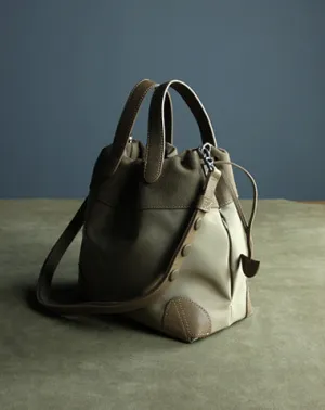 Small Womens Khaki Nylon Leather Bucket Handbag Purse Nylon Leather Barrel Shoulder Bag Handbag Purse for Ladies cheap online