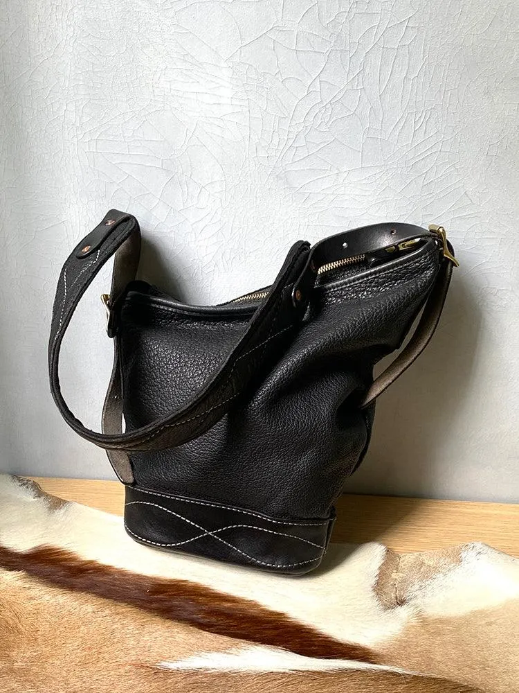 Soft and Delicate Feel Classic Plaid Crossbody Bucket Bag | Handcrafted Full Grain Leather Bag