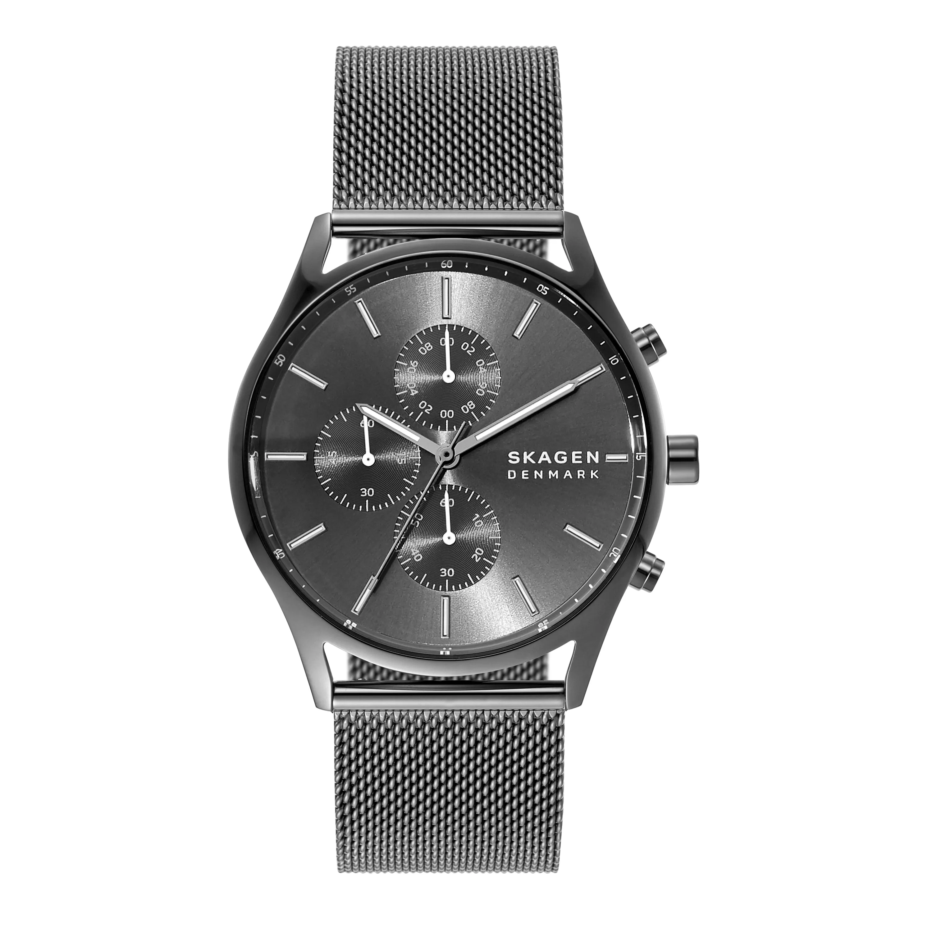 Sophisticated Skagen Holst Chronograph Watch SKW6608 in Gunmetal Steel-Mesh with 30M Water Resistance 