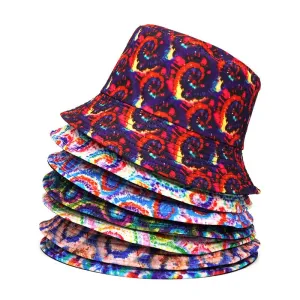 Spirals Tie-Dye Bucket Hat boater hat with bow in beach sunlight