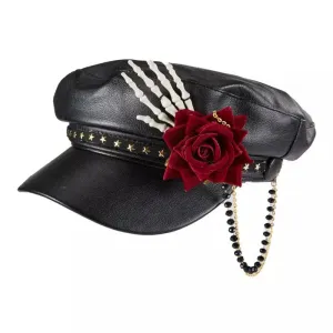 Steampunk Gothic Black Leather Sailor Cap boater hat with bow in beach sunlight