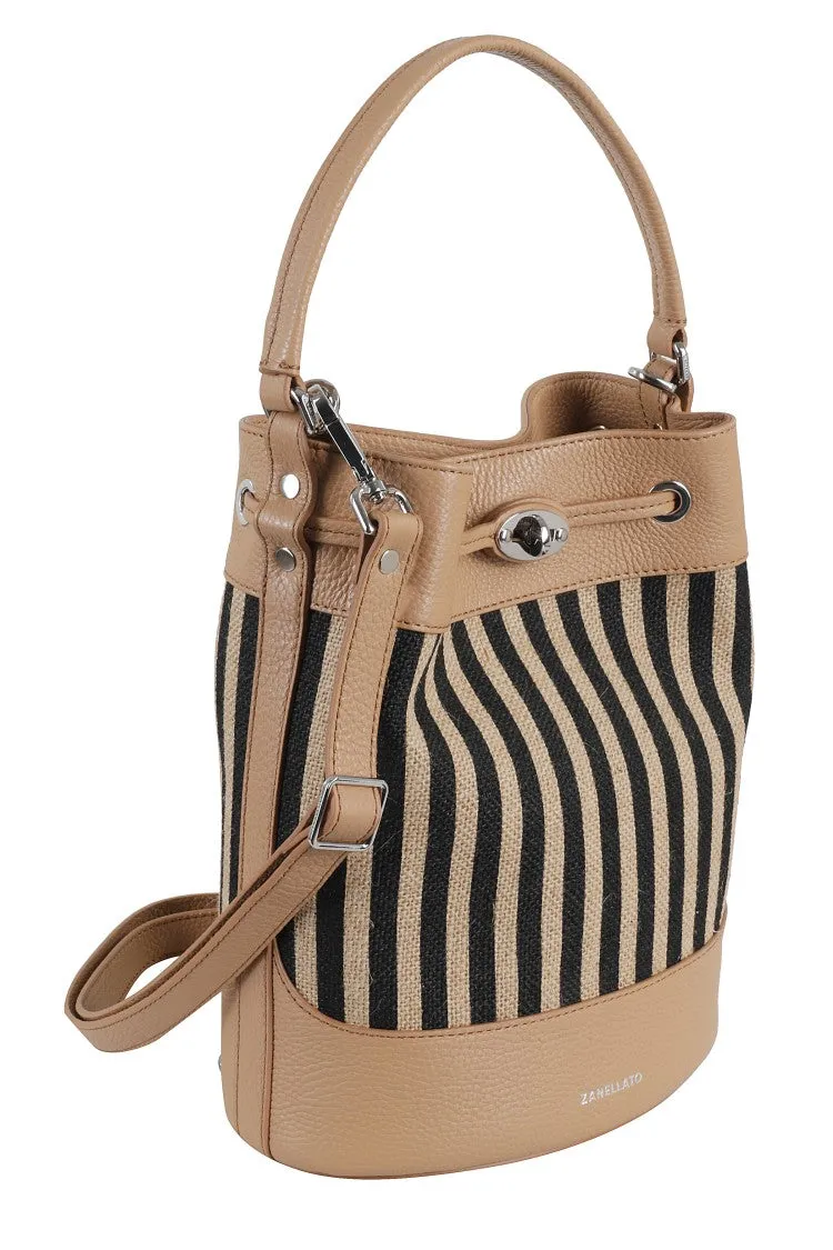 Striped Wicker Bucket Bag With Leather Accents