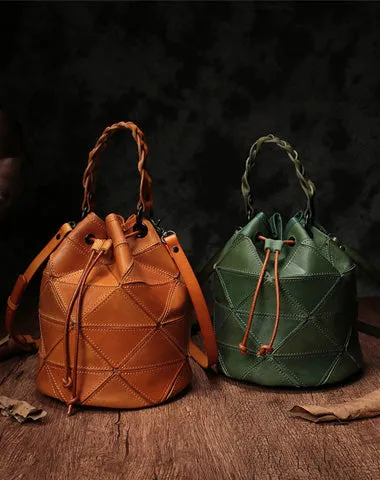 Stylish Leather Brown Bucket Handbag Shoulder Bag Green Barrel Purse For Women cheap online
