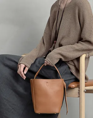 Stylish Leather Brown Gray Bucket Handbag Shoulder Bag Barrel Purse For Women cheap online
