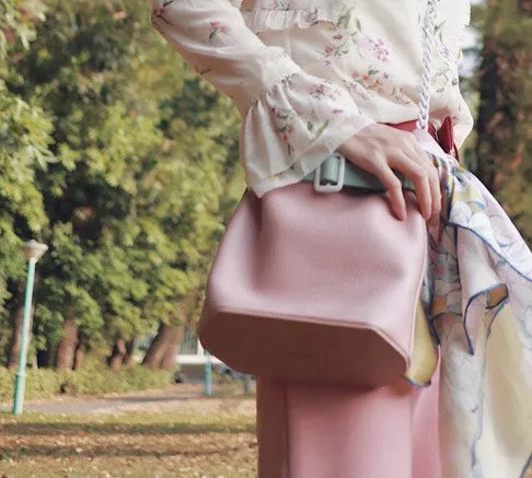 Stylish Leather Pink Chain Womens Bucket Purse Crossbody Bag Barrel Shoulder Bag for Women