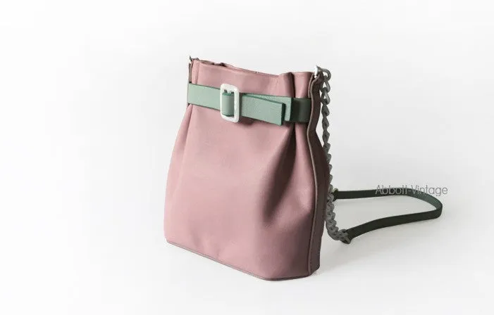 Stylish Leather Pink Chain Womens Bucket Purse Crossbody Bag Barrel Shoulder Bag for Women