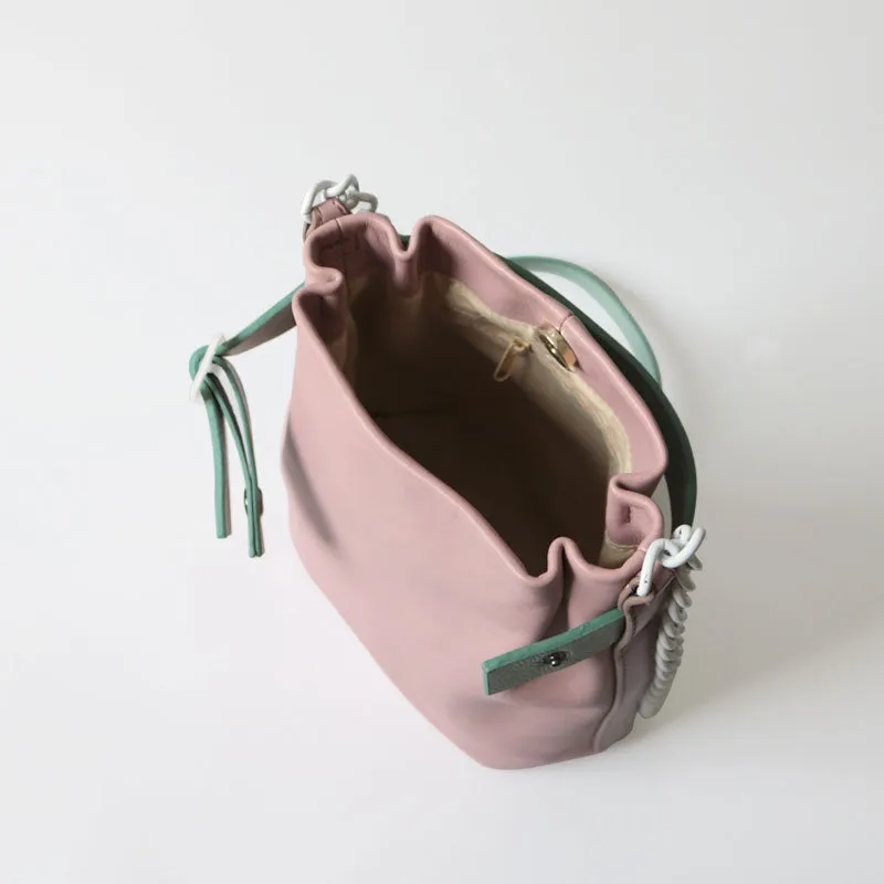 Stylish Leather Pink Chain Womens Bucket Purse Crossbody Bag Barrel Shoulder Bag for Women