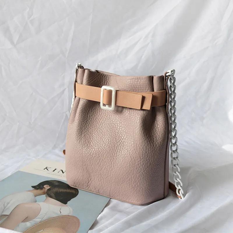Stylish Leather Pink Chain Womens Bucket Purse Crossbody Bag Barrel Shoulder Bag for Women