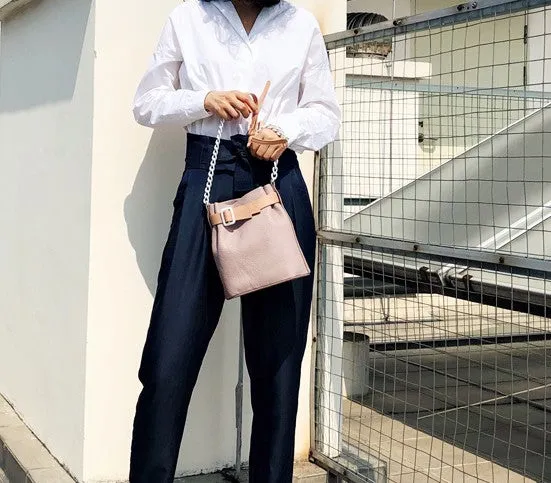 Stylish Leather Pink Chain Womens Bucket Purse Crossbody Bag Barrel Shoulder Bag for Women