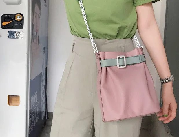 Stylish Leather Pink Chain Womens Bucket Purse Crossbody Bag Barrel Shoulder Bag for Women