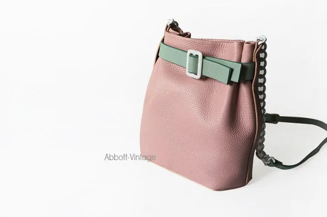Stylish Leather Pink Chain Womens Bucket Purse Crossbody Bag Barrel Shoulder Bag for Women