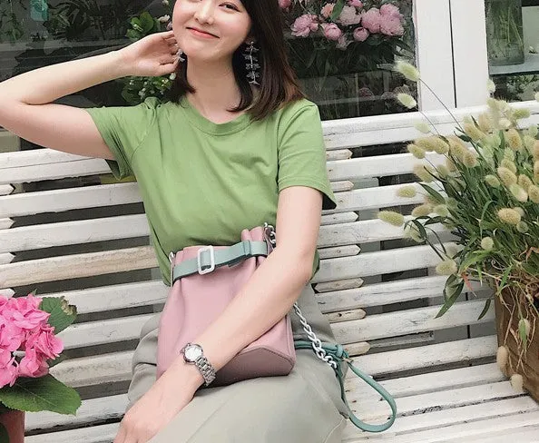 Stylish Leather Pink Chain Womens Bucket Purse Crossbody Bag Barrel Shoulder Bag for Women