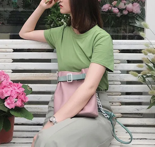 Stylish Leather Pink Chain Womens Bucket Purse Crossbody Bag Barrel Shoulder Bag for Women