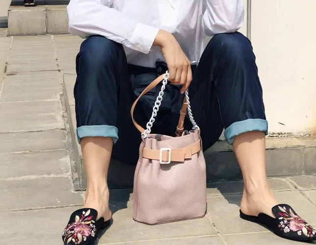 Stylish Leather Pink Chain Womens Bucket Purse Crossbody Bag Barrel Shoulder Bag for Women