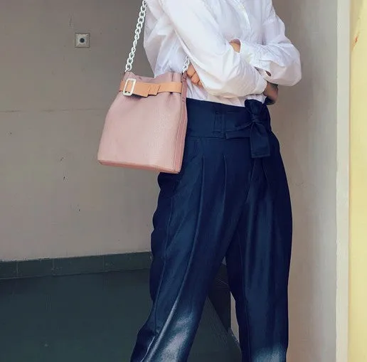 Stylish Leather Pink Chain Womens Bucket Purse Crossbody Bag Barrel Shoulder Bag for Women