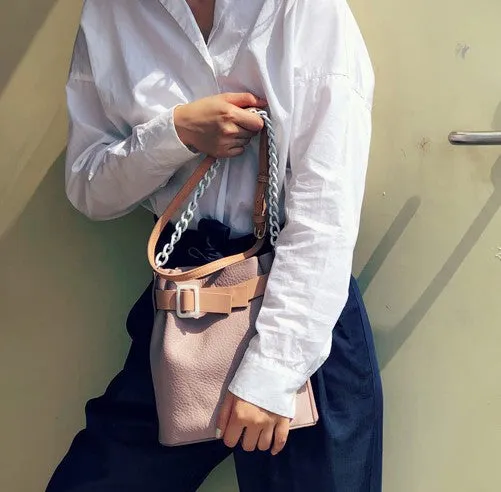 Stylish Leather Pink Chain Womens Bucket Purse Crossbody Bag Barrel Shoulder Bag for Women