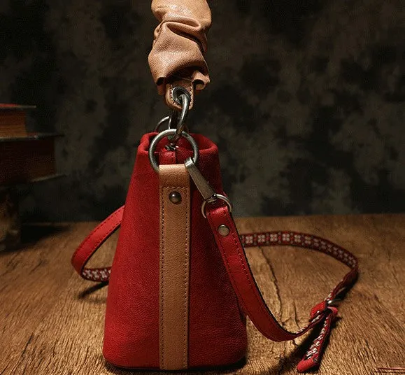 Stylish Leather Red Bucket Handbag Shoulder Bag Barrel Purse For Women